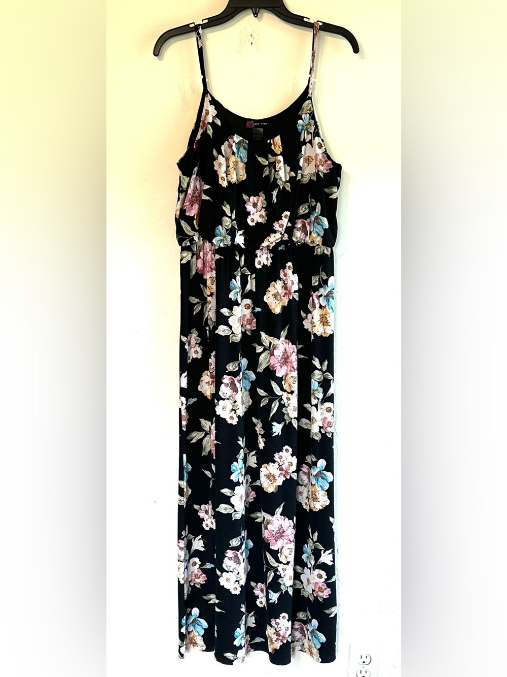 Love Ryan Black Floral Spaghetti Strap Stretchy Comfy Maxi Sun Dress Sz XL